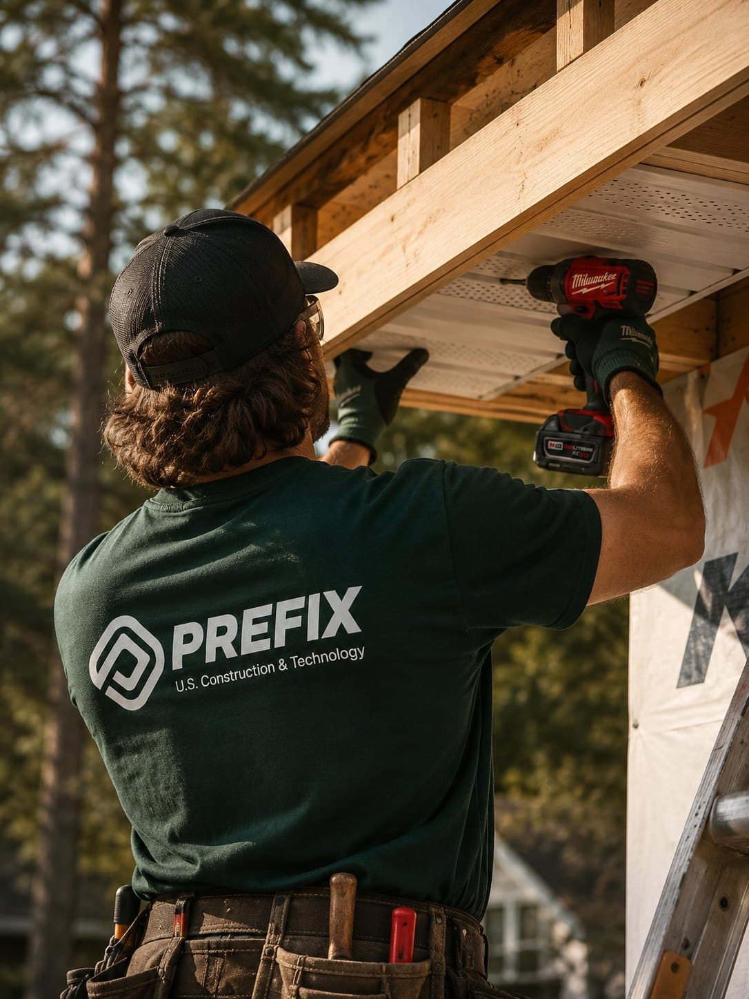 Prefix ekibinden bir usta, Amerikan ahşap karkas (Timber Frame) evin saçak detayını monte ediyor