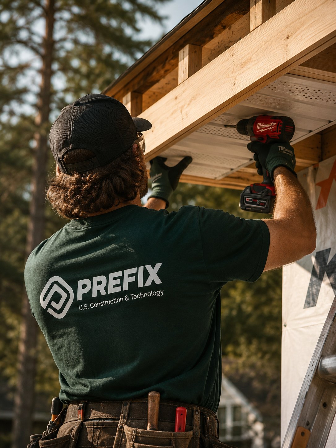 Prefix ekibinden bir usta, Amerikan ahşap karkas (Timber Frame) evin saçak detayını monte ediyor